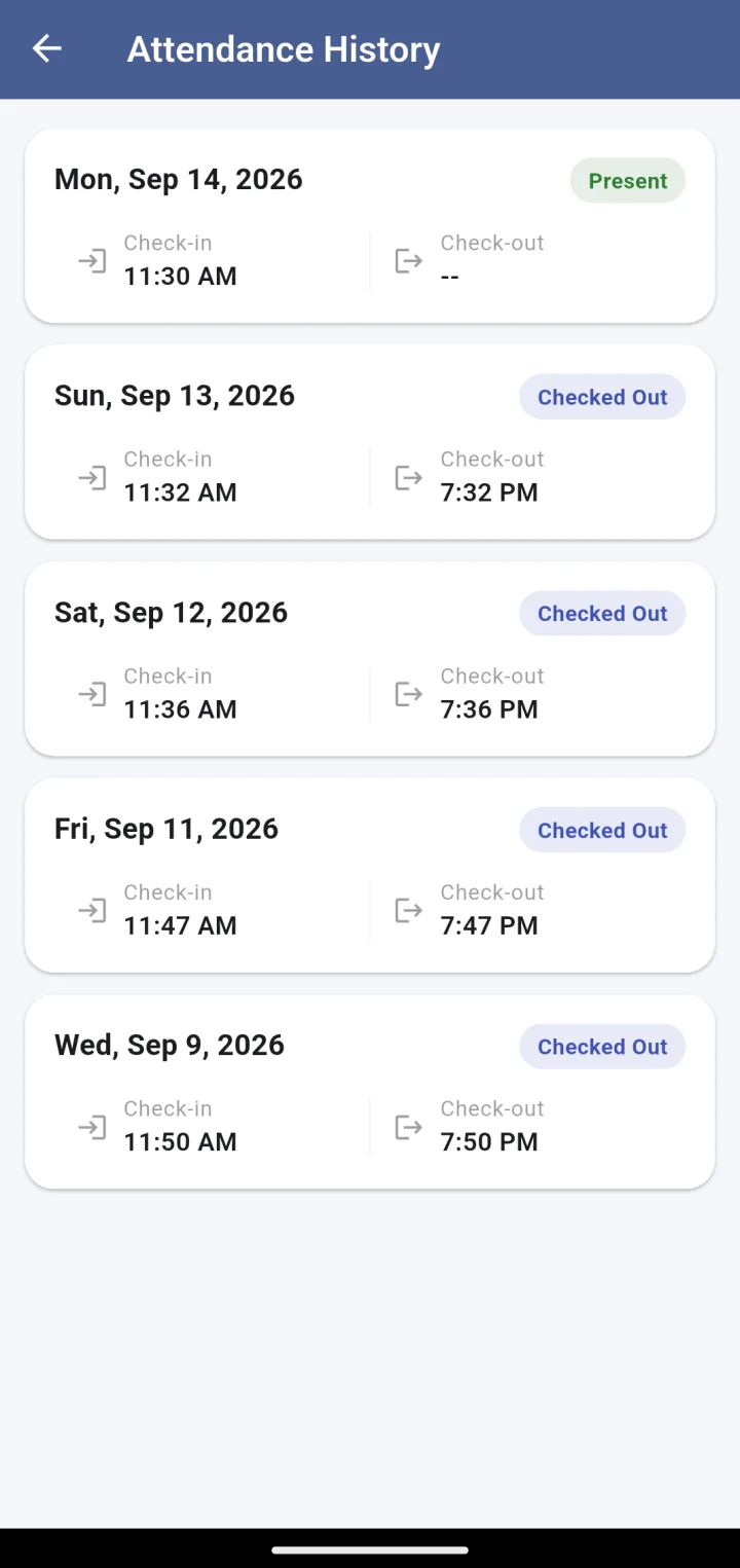 Guard app attendance history: each day with status, check-in and check-out times