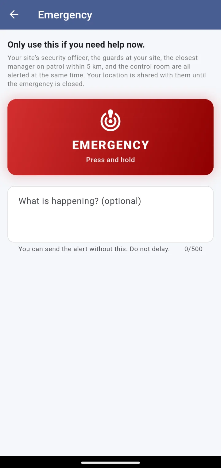 Emergency screen: press and hold to send an alert; who is alerted and that location is shared