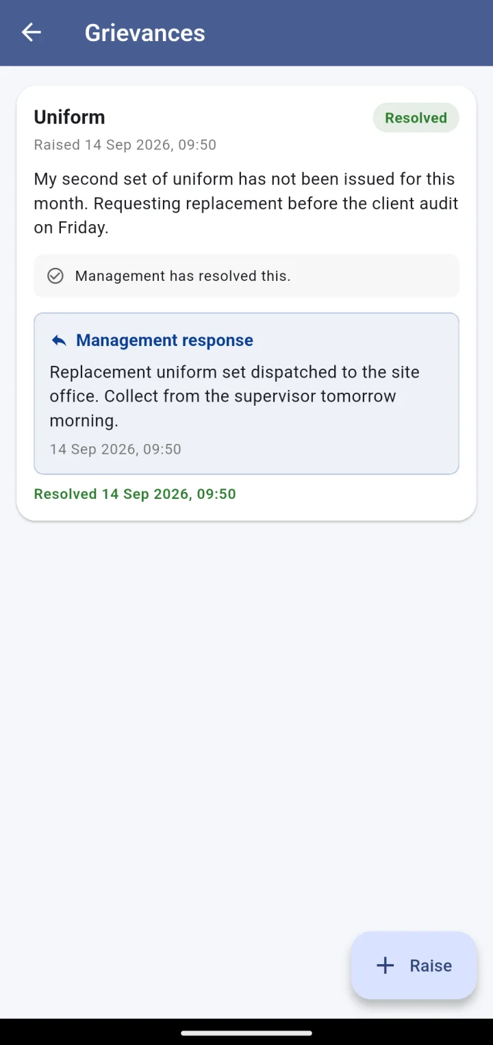 Grievances: a uniform grievance marked resolved with the management response
