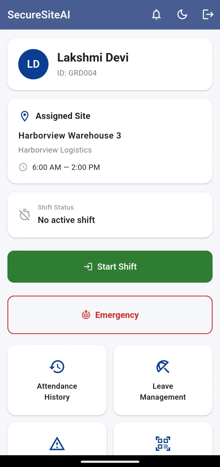Guard home before a shift: assigned site and hours, No active shift, Start Shift button