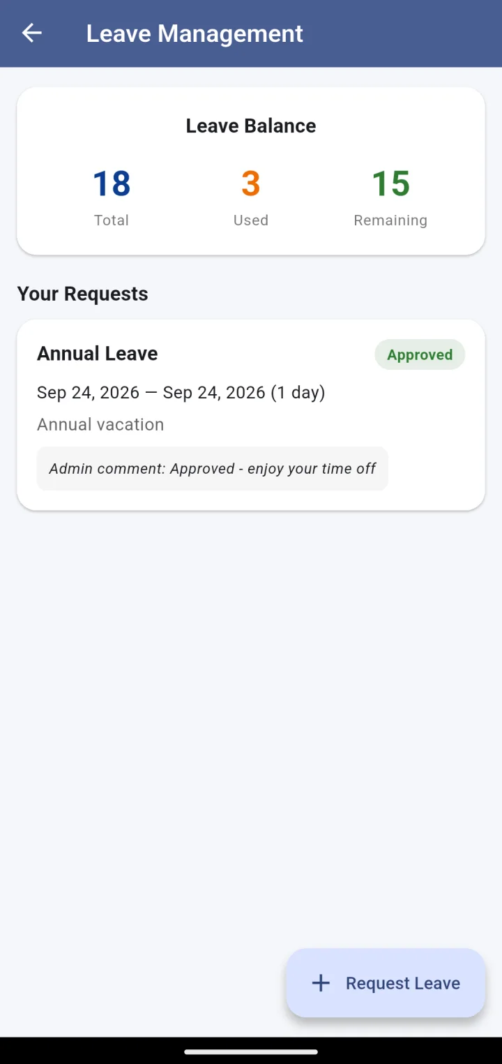 Leave Management: balance of total, used and remaining days, and past requests with their status