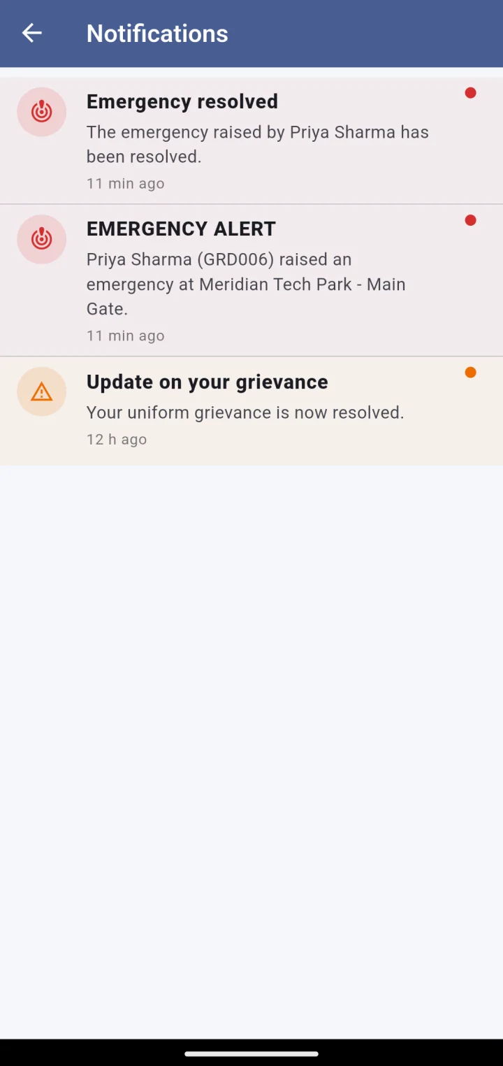 Notifications: emergency alert, emergency resolved, grievance update