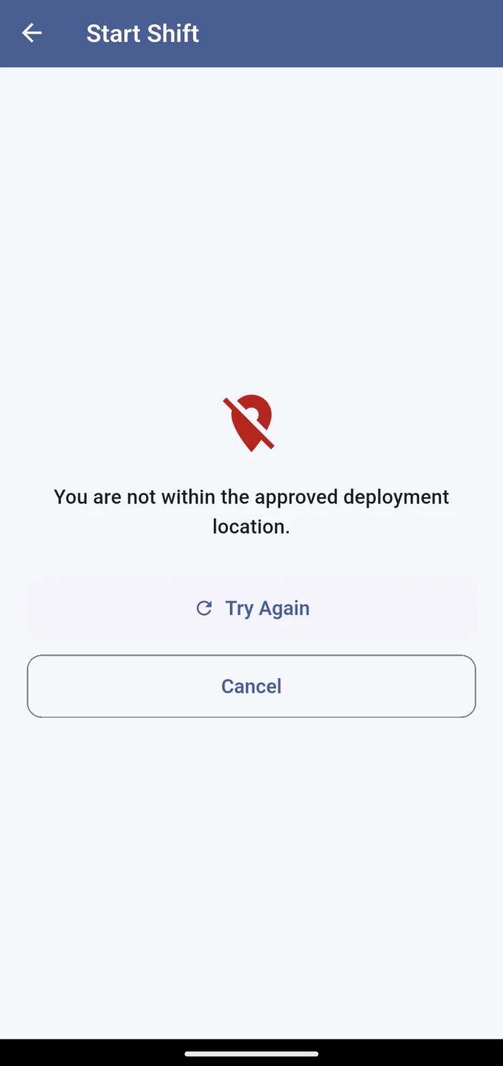 Guard app refusing Start Shift: You are not within the approved deployment location