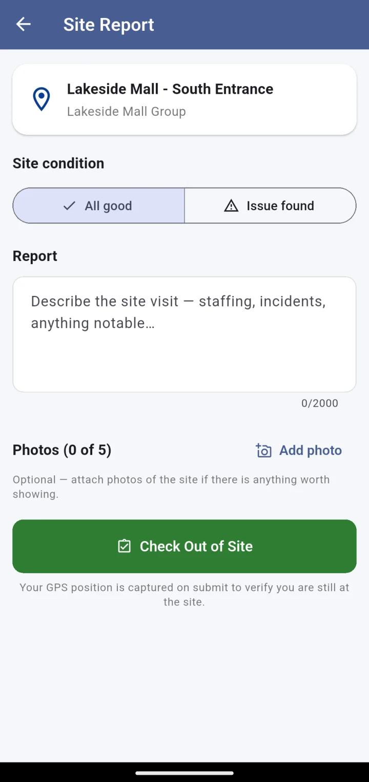 Manager app: site report with condition, notes and up to five photos
