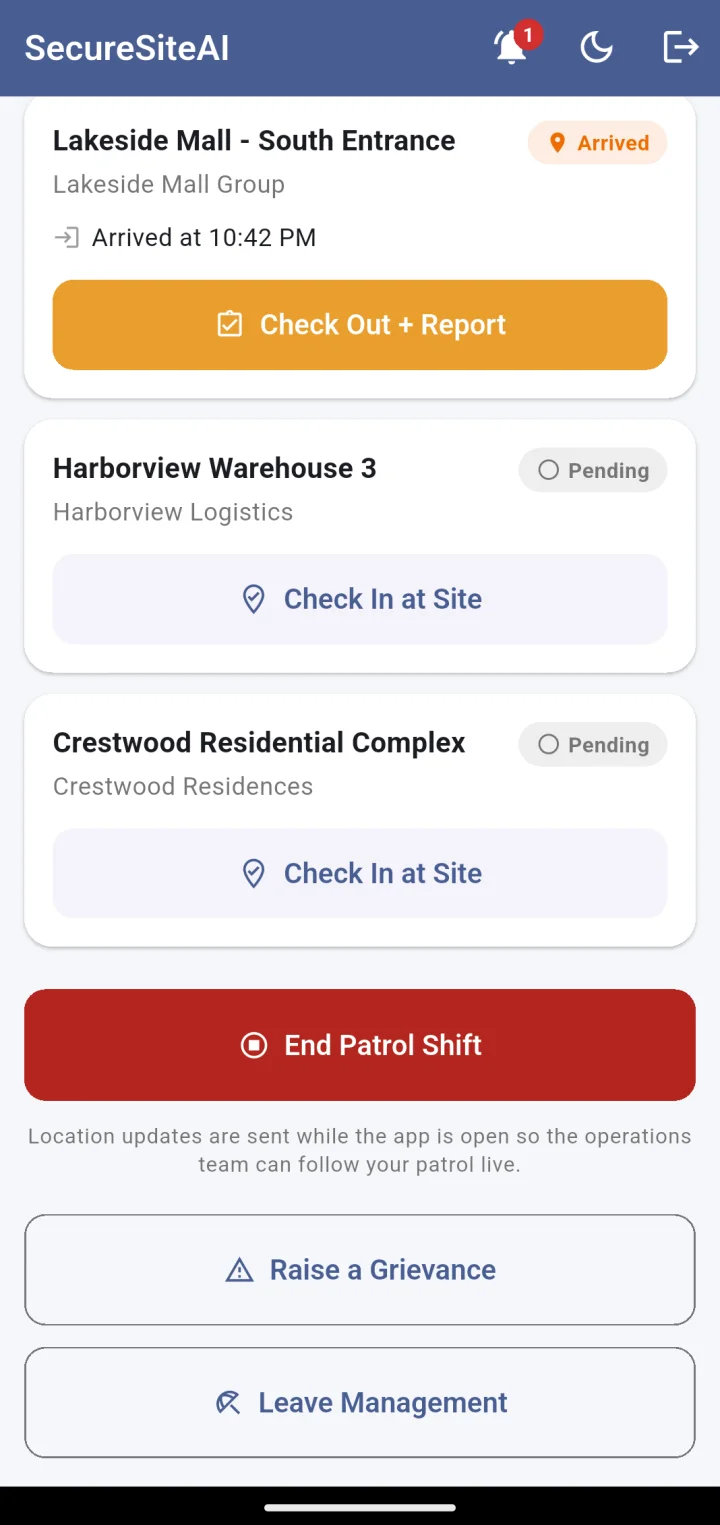 Lower part of the patrol screen: Check In at Site, End Patrol Shift, and a note that location updates are sent while the app is open