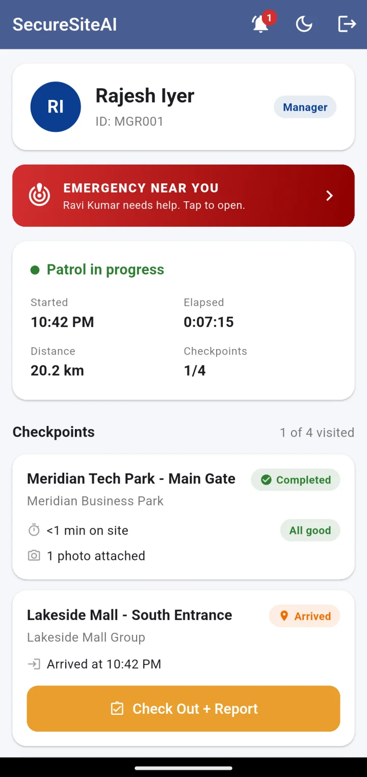 Manager app: patrol in progress with elapsed time, distance and checkpoints visited