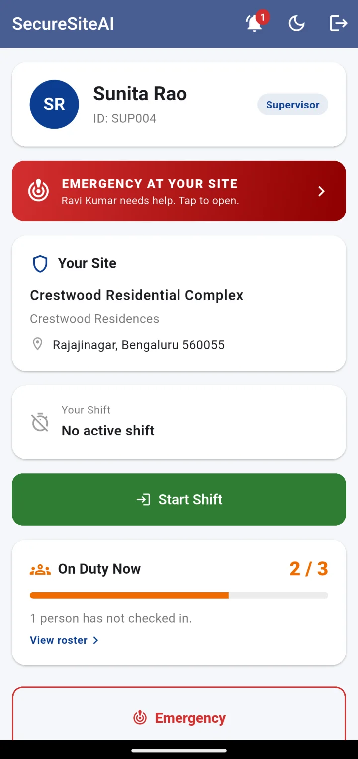 Supervisor app home: on-duty meter reading 2 of 3, one person not checked in, emergency banner