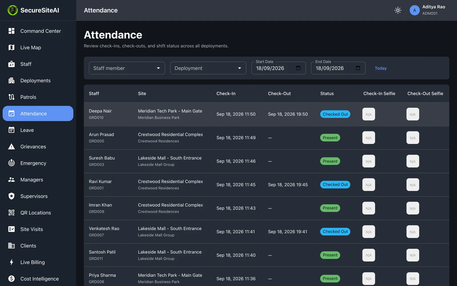 Attendance page with a shift record open showing check-in time, location and selfie