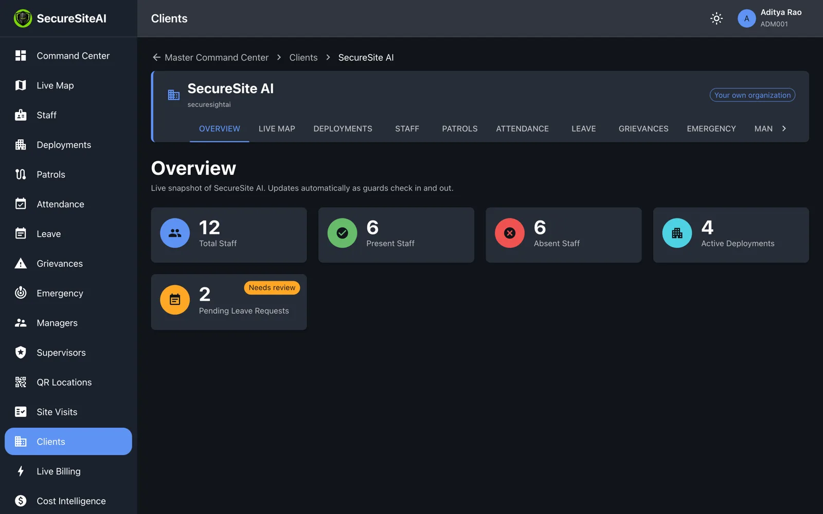 Client overview page scoped to a single client organisation