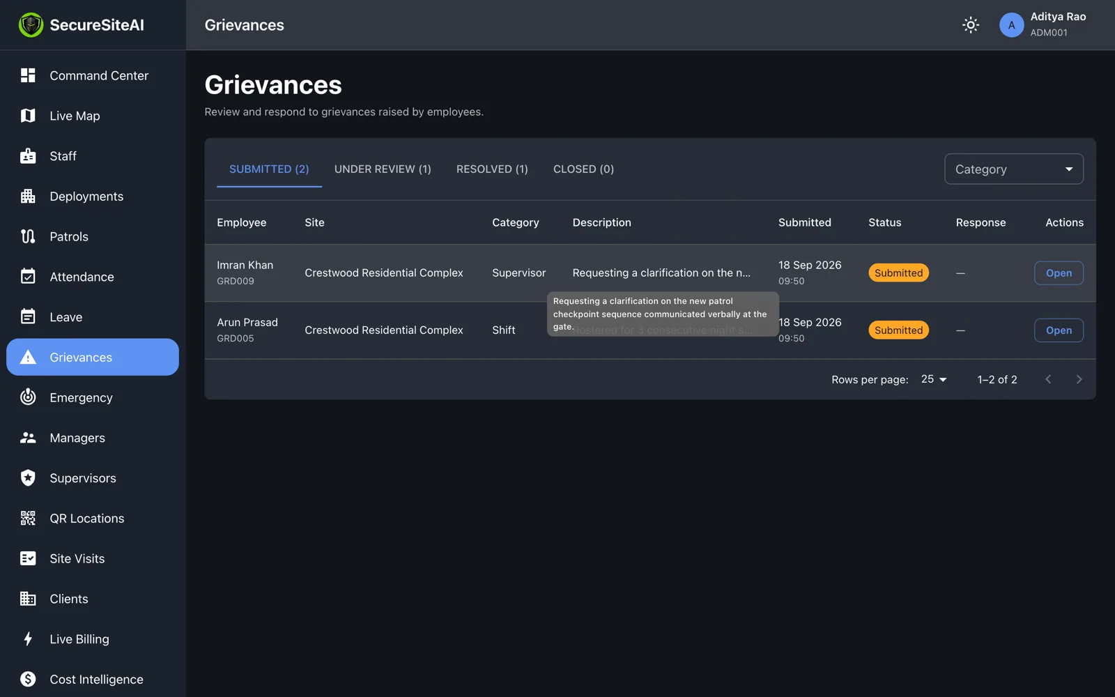 Grievance queue with a grievance open, category, description and the management response