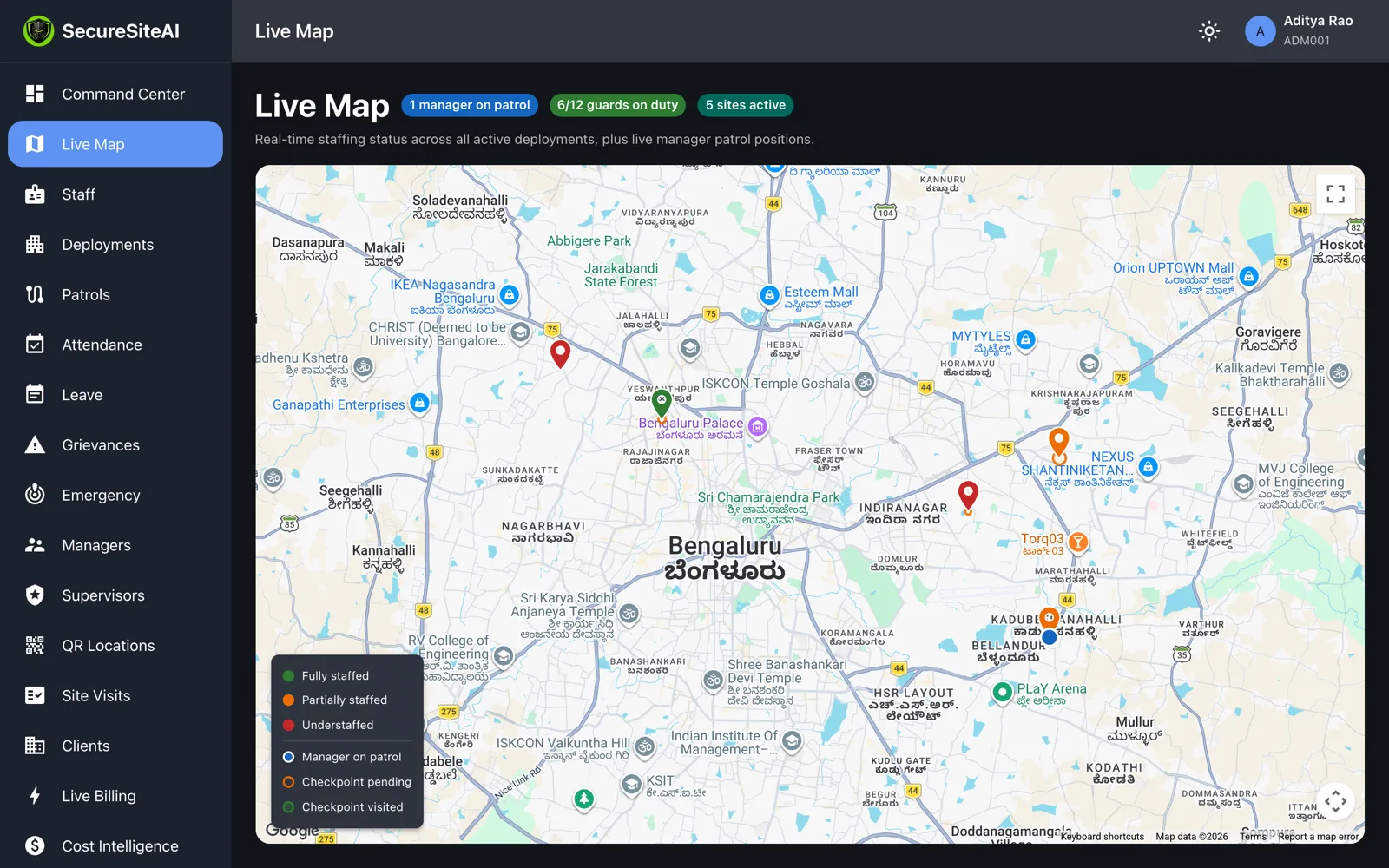 SecureSiteAI Command Center live map showing five active sites across Bengaluru, guards on duty and a manager on patrol