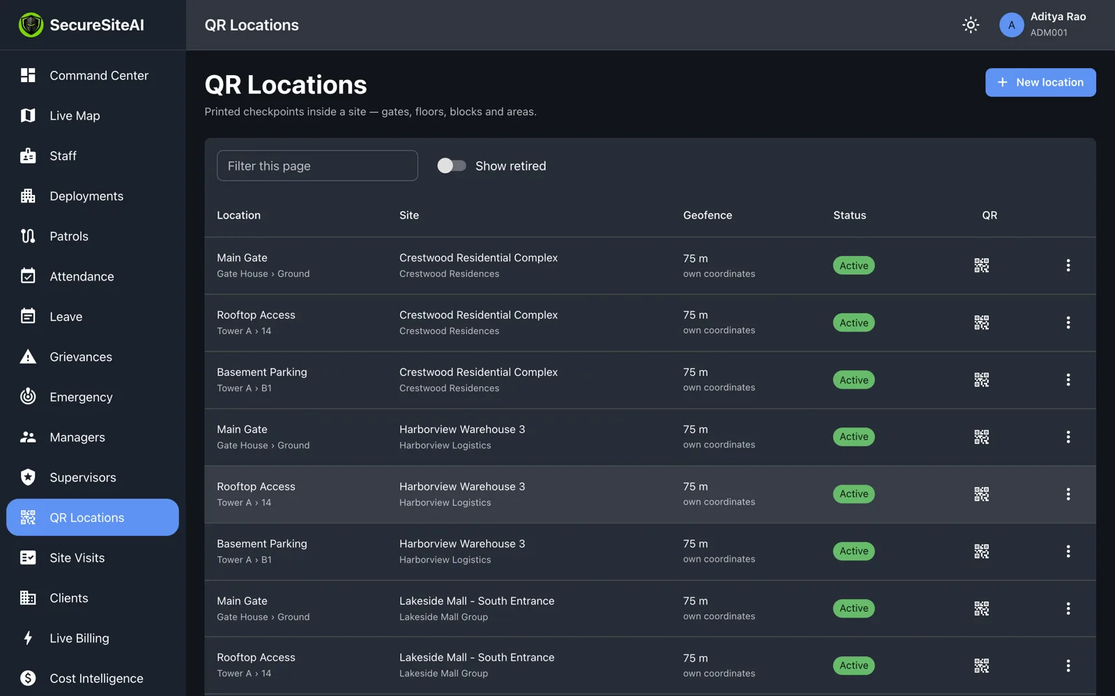 QR checkpoint locations listed per site, with building and floor